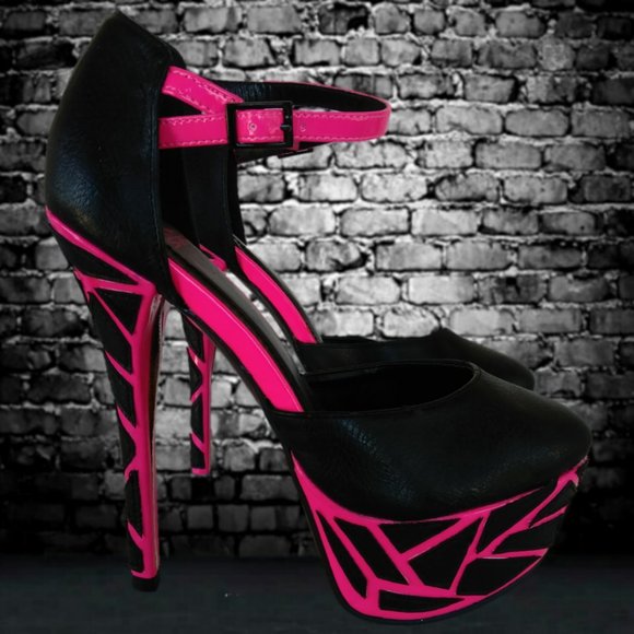 SHEIKH 6.5 HOT FUCHSIA NEON PINK & BLACK HEELS UV REACTIVE GLOW party holidays - Picture 1 of 12